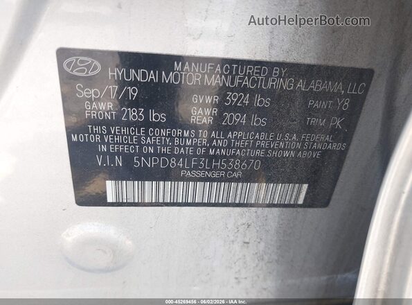 5NPD84LF3LH538670 2020 HYUNDAI ELANTRA Gray Widok komory silnika