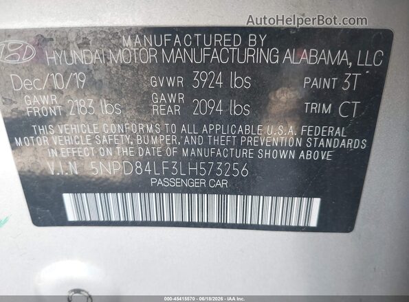 5NPD84LF3LH573256 2020 HYUNDAI ELANTRA Silver Vista del compartimento del motor