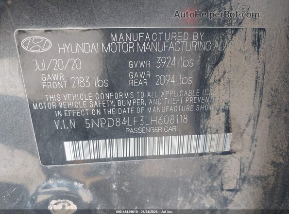 5NPD84LF3LH608118 2020 HYUNDAI ELANTRA Black Շարժիչի բաժամունքի տեսք