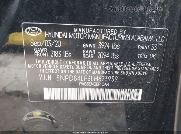 5NPD84LF3LH623959 2020 HYUNDAI ELANTRA Black ძრავის განყოფილების ხედი