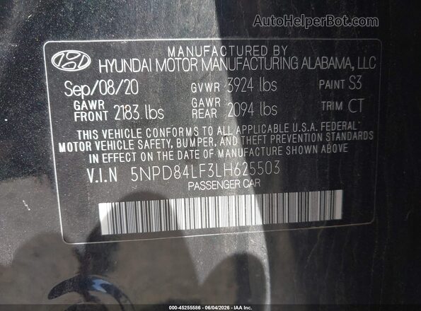 5NPD84LF3LH625503 2020 HYUNDAI ELANTRA Black Engine compartment view