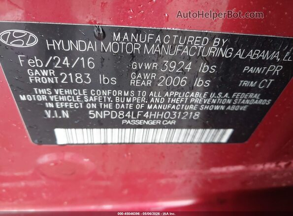 5NPD84LF4HH031218 2017 HYUNDAI ELANTRA Red 