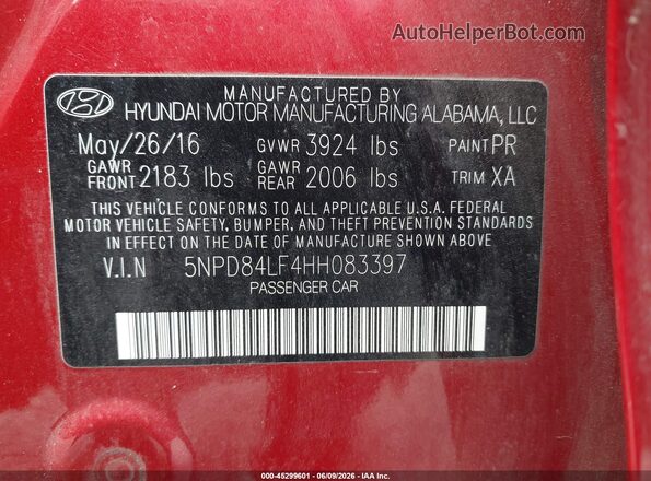 5NPD84LF4HH083397 2017 HYUNDAI ELANTRA Красный Вид подкапотного пространства