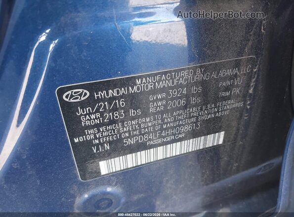 5NPD84LF4HH098613 2017 HYUNDAI ELANTRA Blue Vista del compartimento del motor