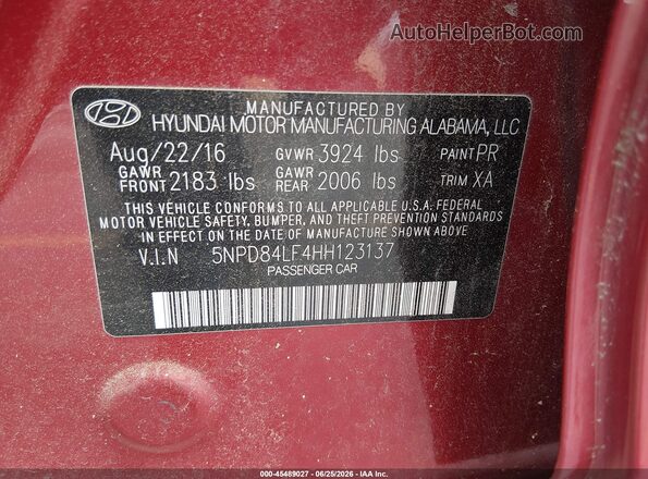 5NPD84LF4HH123137 2017 HYUNDAI ELANTRA Red Widok komory silnika