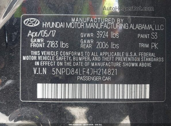 5NPD84LF4JH214821 2018 HYUNDAI ELANTRA Black Вид підкапотного простору