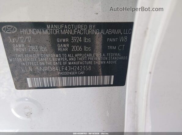 5NPD84LF4JH242358 2018 HYUNDAI ELANTRA White Vista del compartimento del motor
