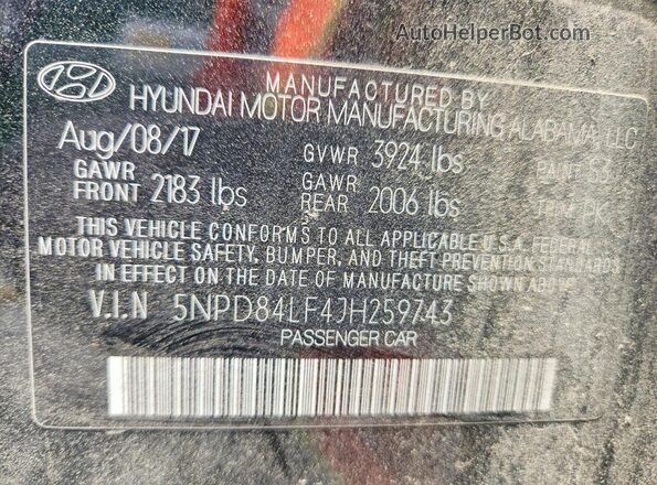 5NPD84LF4JH259743 2018 HYUNDAI ELANTRA Black Vista de la etiqueta del VIN