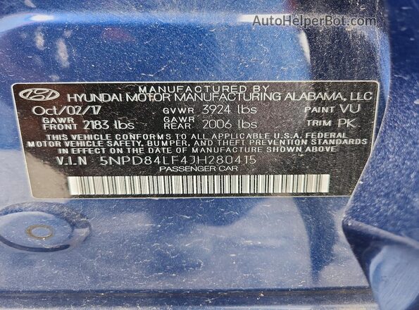 5NPD84LF4JH280415 2018 HYUNDAI ELANTRA Синий Вид подкапотного пространства