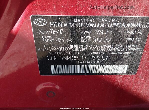 5NPD84LF4JH292922 2018 HYUNDAI ELANTRA Red Շարժիչի բաժամունքի տեսք
