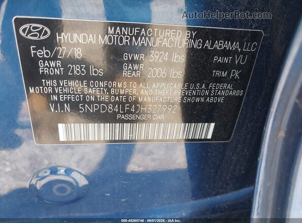5NPD84LF4JH327992 2018 HYUNDAI ELANTRA Blue Вид підкапотного простору