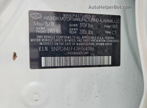 5NPD84LF4JH364086 2018 HYUNDAI ELANTRA White VIN კოდის სტიკერის ხედი