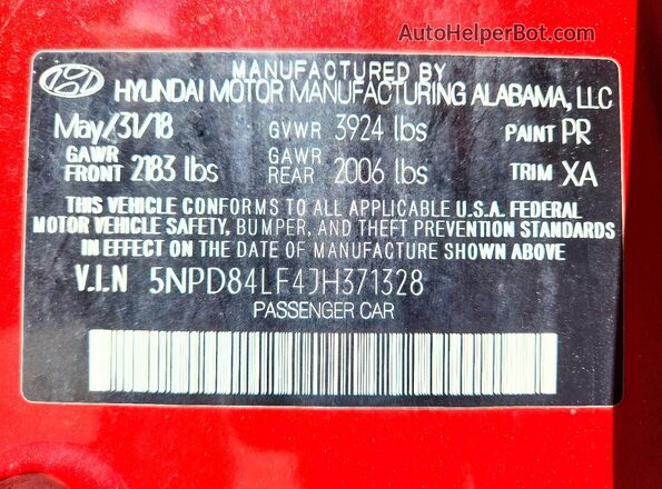 5NPD84LF4JH371328 2018 HYUNDAI ELANTRA Red 