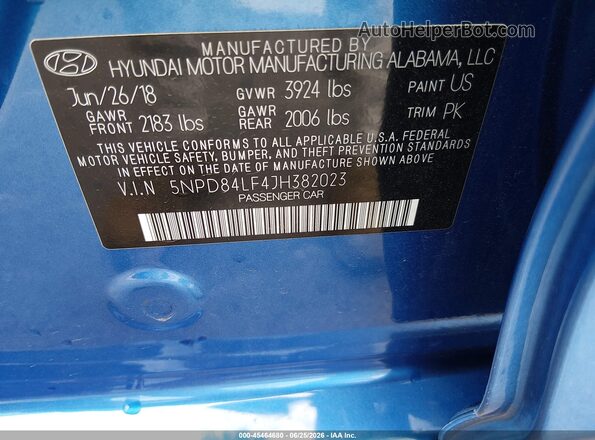 5NPD84LF4JH382023 2018 HYUNDAI ELANTRA Blue Vista del compartimento del motor