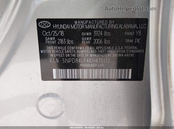 5NPD84LF4KH425132 2019 HYUNDAI ELANTRA Silver ძრავის განყოფილების ხედი