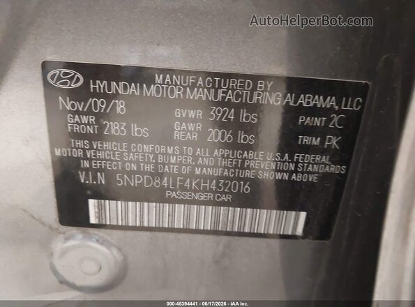 5NPD84LF4KH432016 2019 HYUNDAI ELANTRA Gray Vista del compartimento del motor