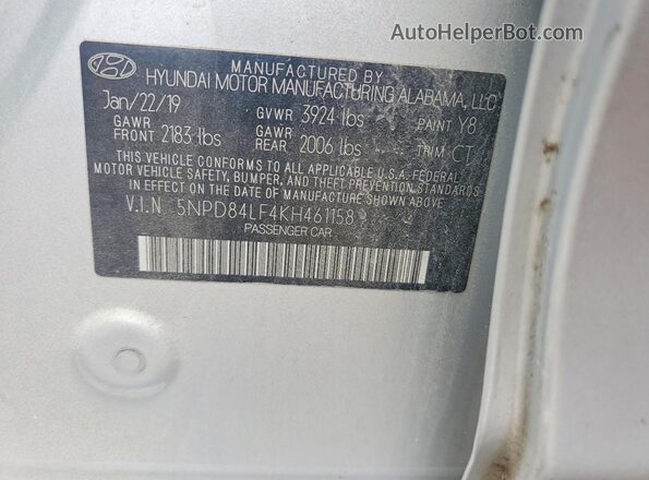 5NPD84LF4KH461158 2019 HYUNDAI ELANTRA Silver VIN կոդի պիտակի տեսք