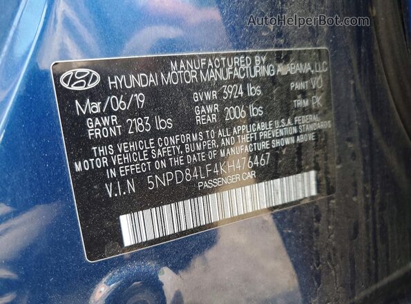 5NPD84LF4KH476467 2019 HYUNDAI ELANTRA Синий 