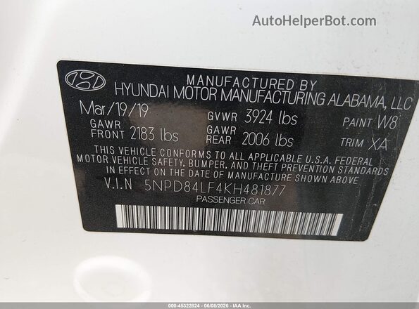 5NPD84LF4KH481877 2019 HYUNDAI ELANTRA Белый Вид подкапотного пространства