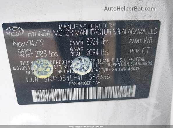 5NPD84LF4LH568356 2020 HYUNDAI ELANTRA White Widok komory silnika