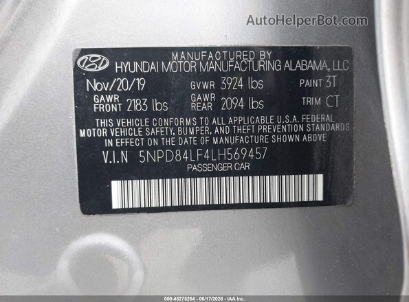 5NPD84LF4LH569457 2020 HYUNDAI ELANTRA Серый Вид подкапотного пространства