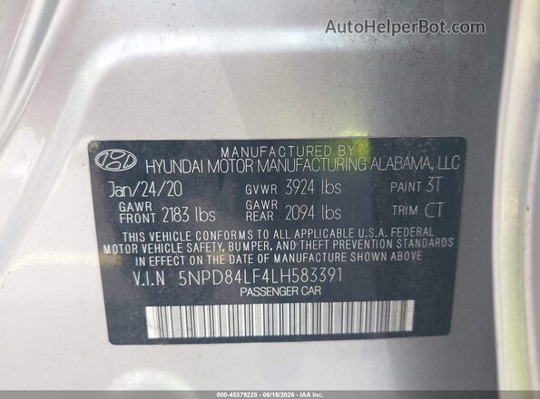 5NPD84LF4LH583391 2020 HYUNDAI ELANTRA Gray Engine compartment view