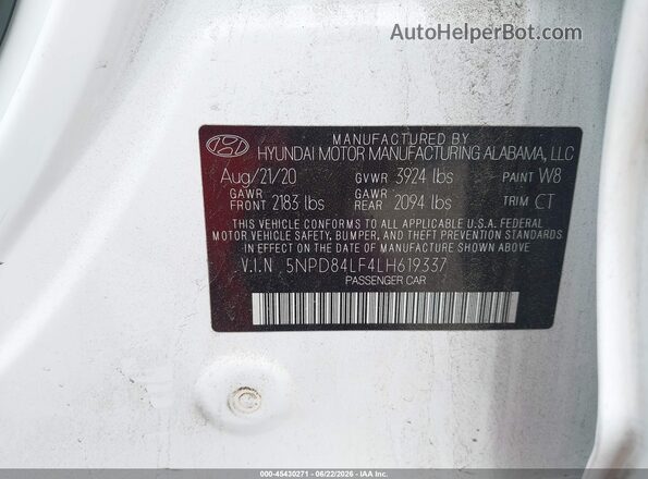 5NPD84LF4LH619337 2020 HYUNDAI ELANTRA Белый Вид подкапотного пространства