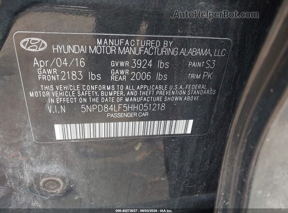 5NPD84LF5HH051218 2017 HYUNDAI ELANTRA Black ძრავის განყოფილების ხედი