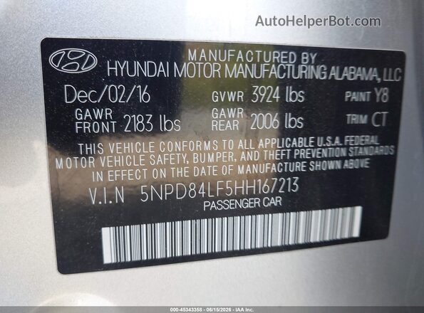 5NPD84LF5HH167213 2017 HYUNDAI ELANTRA Silver ძრავის განყოფილების ხედი