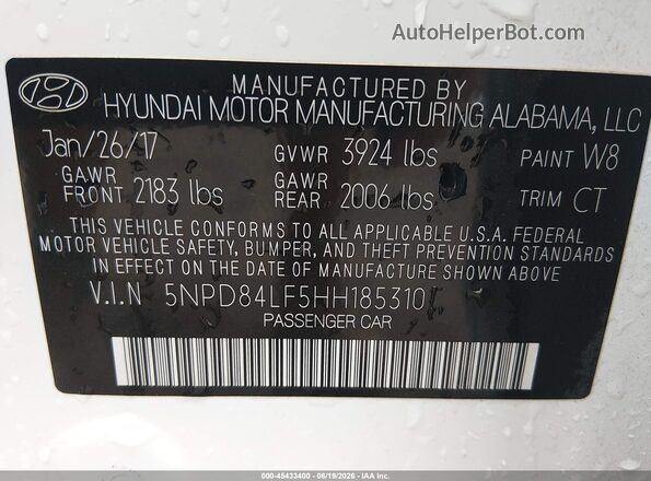 5NPD84LF5HH185310 2017 HYUNDAI ELANTRA White ძრავის განყოფილების ხედი