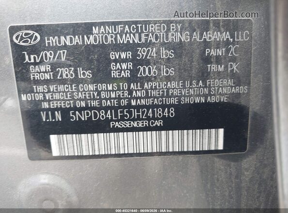 5NPD84LF5JH241848 2018 HYUNDAI ELANTRA Gray Engine compartment view