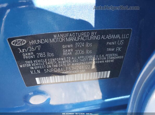 5NPD84LF5JH248122 2018 HYUNDAI ELANTRA Blue ძრავის განყოფილების ხედი