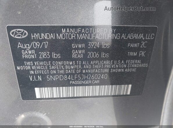 5NPD84LF5JH260240 2018 HYUNDAI ELANTRA Gray 