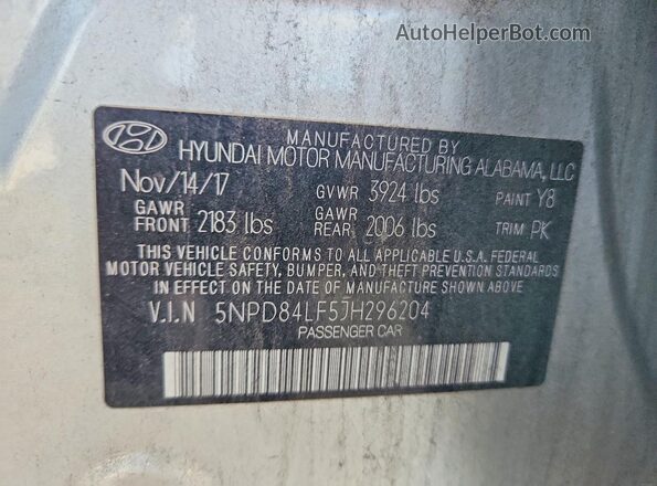 5NPD84LF5JH296204 2018 HYUNDAI ELANTRA Silver 
