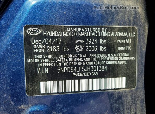 5NPD84LF5JH301384 2018 HYUNDAI ELANTRA Blue Вид наклейки з VIN-кодом