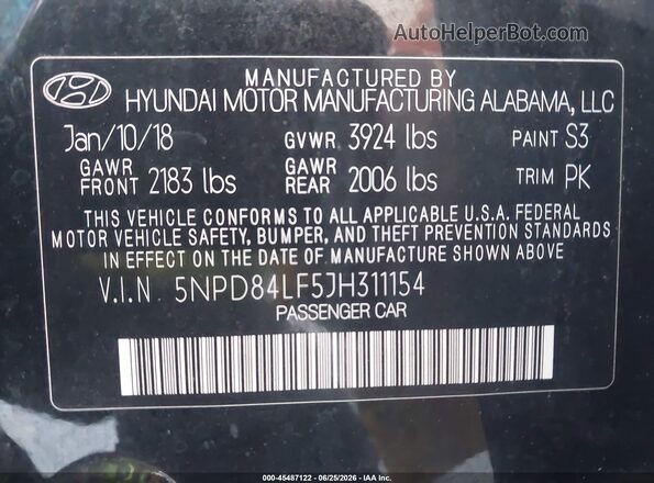 5NPD84LF5JH311154 2018 HYUNDAI ELANTRA Black Вид підкапотного простору
