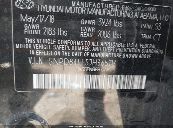 5NPD84LF5JH365117 2018 HYUNDAI ELANTRA Black 