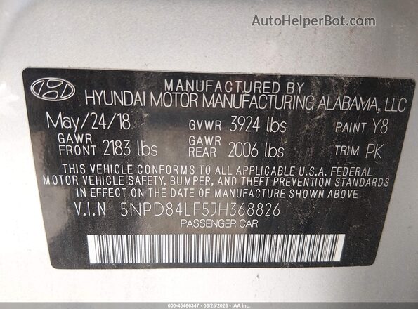 5NPD84LF5JH368826 2018 HYUNDAI ELANTRA Silver Vista del compartimento del motor