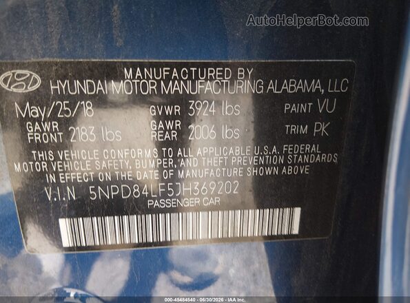 5NPD84LF5JH369202 2018 HYUNDAI ELANTRA Blue ძრავის განყოფილების ხედი
