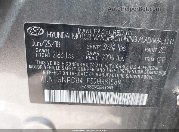 5NPD84LF5JH381589 2018 HYUNDAI ELANTRA Gray Widok komory silnika