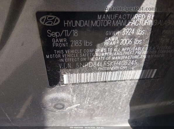 5NPD84LF5KH405245 2019 HYUNDAI ELANTRA Gray ძრავის განყოფილების ხედი