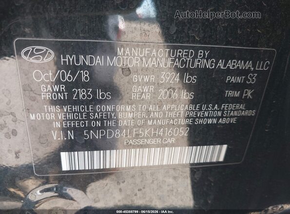 5NPD84LF5KH416052 2019 HYUNDAI ELANTRA Black Շարժիչի բաժամունքի տեսք