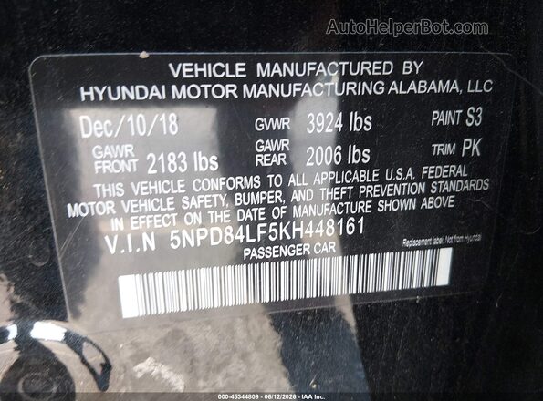 5NPD84LF5KH448161 2019 HYUNDAI ELANTRA Black Вид підкапотного простору