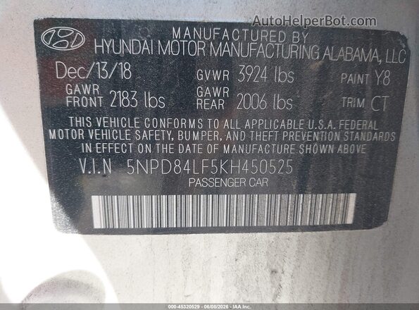 5NPD84LF5KH450525 2019 HYUNDAI ELANTRA Silver 