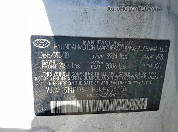 5NPD84LF5KH454350 2019 HYUNDAI ELANTRA White Widok naklejki z numerem VIN