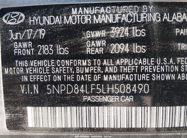 5NPD84LF5LH508490 2020 HYUNDAI ELANTRA Gray ძრავის განყოფილების ხედი