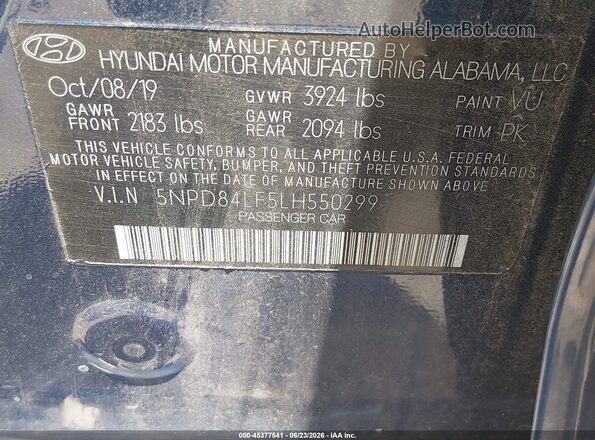 5NPD84LF5LH550299 2020 HYUNDAI ELANTRA Blue Շարժիչի բաժամունքի տեսք