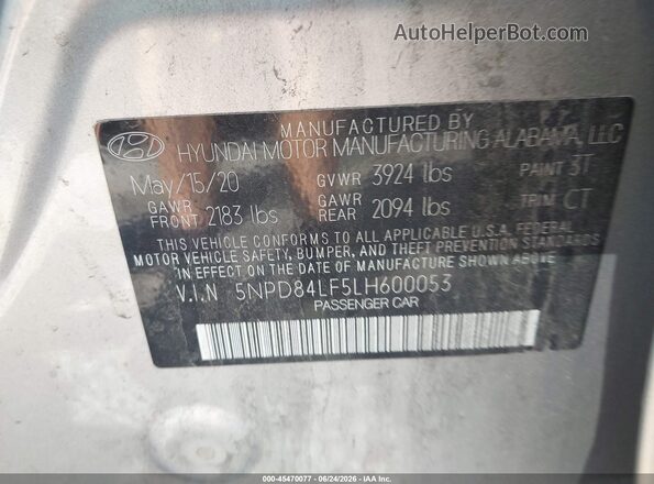 5NPD84LF5LH600053 2020 HYUNDAI ELANTRA Silver Engine compartment view