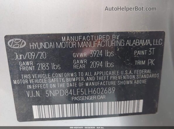 5NPD84LF5LH602689 2020 HYUNDAI ELANTRA Silver 