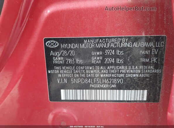 5NPD84LF5LH621890 2020 HYUNDAI ELANTRA LIMITED W/IN Red Vista del compartimento del motor